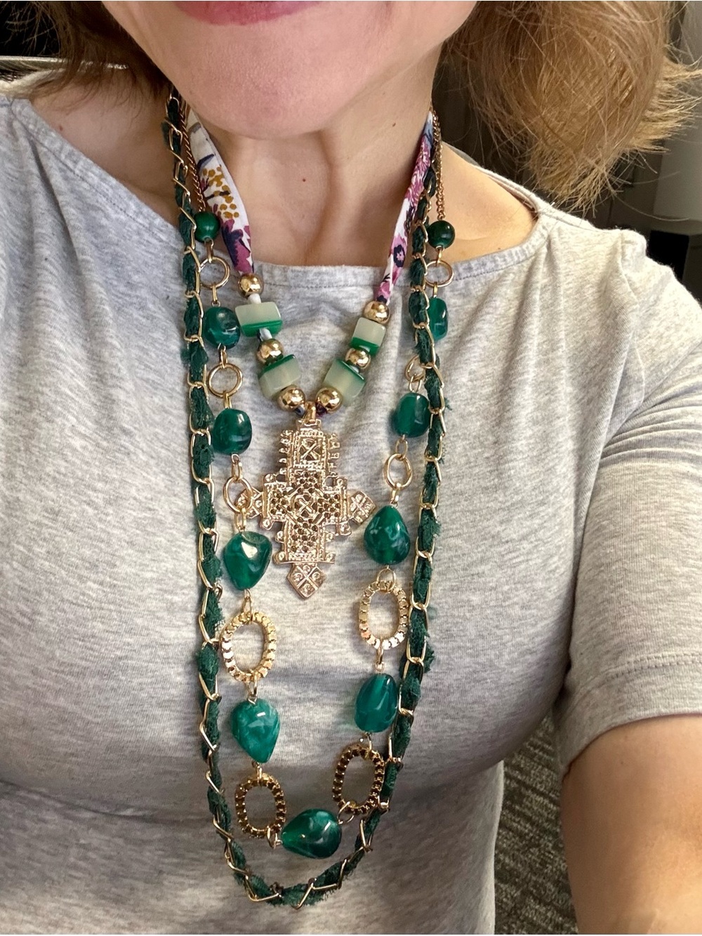 Three Bird Nest Green Bead Multi-Layer Statement Necklace with Gold Cross